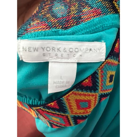 New York & Company Teal Aztec Jersey Knit Maxi Sleeveless Built In Bra Dress L - Picture 9 of 11